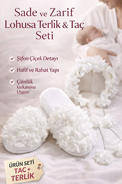 ALAZ TASARIM HOBİ Lohusa Terlik Taç Seti Beyaz Çiçekli Anne Terliği Hastane Ç...