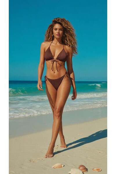 AQUELLA Akordiyon Üçgen Bikini Takımı Kahverengi 210-1138
