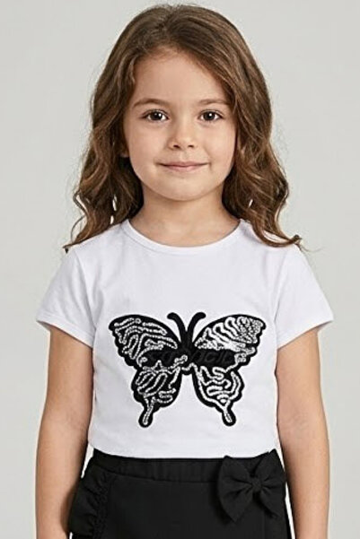 Z B Bebe 23 April Black and White Sequined Butterfly Printed Girl's T-Shirt (...