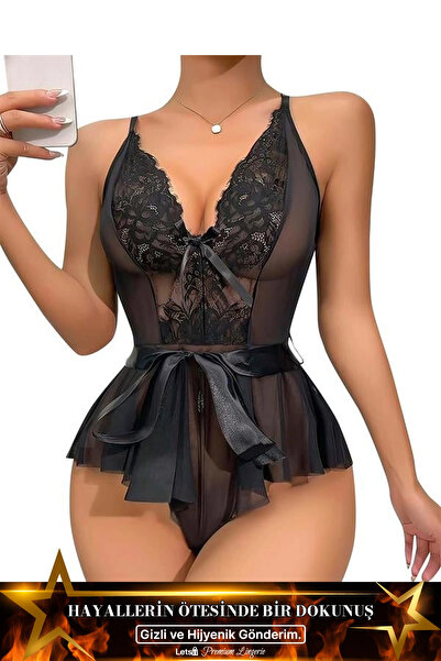 Genel Markalar Dantel İşlemeli Kurdelalı Tül Babydoll Siyah Renk