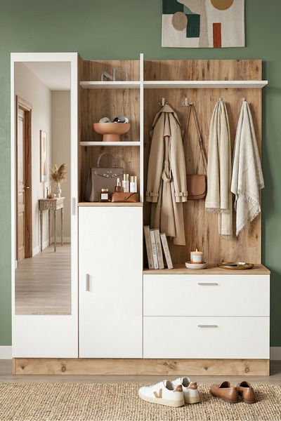 Yurudesign Wisdom Vestiyer Ayakkabılık Portmanto Aynalı Raf Çam-Beyaz