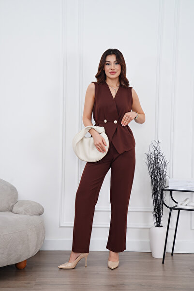 DI LORIA Γυναικείο κομψό σετ γραφείου με διπλό στήθος και κουμπιά, σε ανοιχτό...