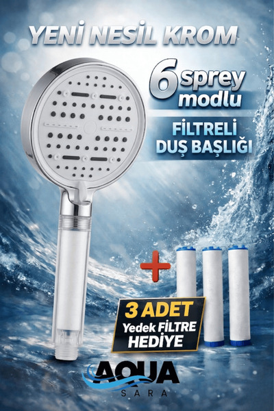 Aqua Sara 6 Fonksiyonlu Filtreli Duş Başlığı (3ADET Yedek Filtre)| Su Arıtmal...