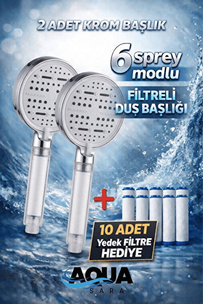 Aqua Sara 2 Adet 6 Fonksiyonlu Filtreli Duş Başlığı (10ADET Yedek Filtre)| Su...