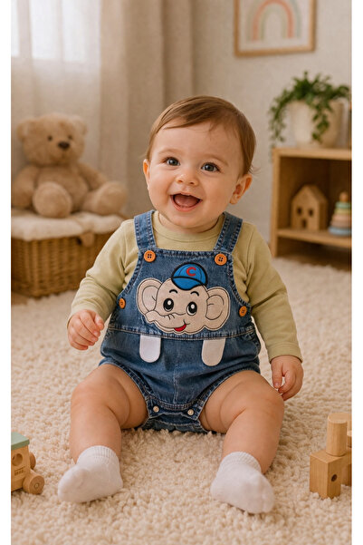 Beblissmini Sevimli Fil Nakışlı Kot Salopet & Uzun Kollu Body Bebek Takımı