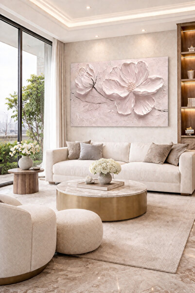 Magnolia Çiçek Kanvas Tablo Kabartma Görünüm – Premium Bej Salon Ofis Duvar Dekoru Bej - Ekru