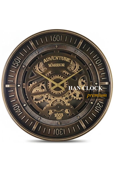 Han Clock Adventure Varrior METAL ÇARKLI DUVAR SAATİ 60cm (Kahve-Altın Eskitme)