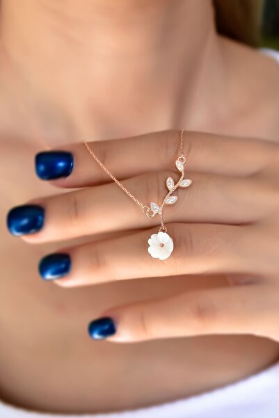 Papatya Silver 925 Ayar Gümüş Rose Kaplama Taşlı Manolya Çiçeği Kadın Kolye