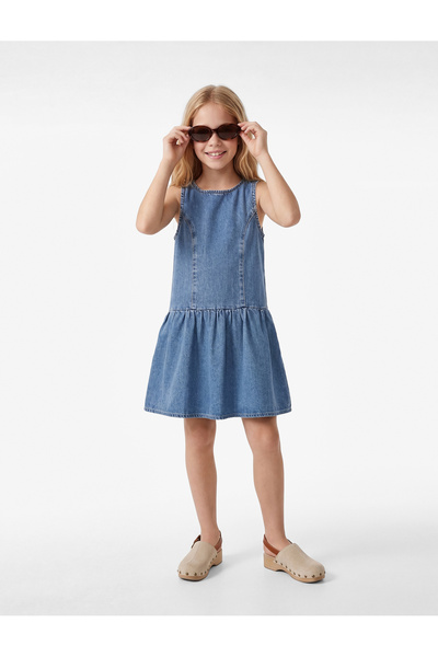 Koton Βαμβακερό φόρεμα τζιν με φαρδιά γραμμή, αμάνικο, με λαιμόκοψη και μπαλόνι