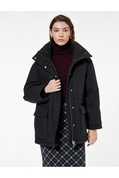 Koton Μακρυμάνικο παλτό ψηλός λαιμός με μείγμα από μαλλί προβάτου με τσέπες o...