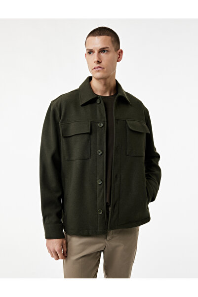 Koton Regular Fit Covered Pocket Viscose Blend Shirt Collar Cashmere Jacket