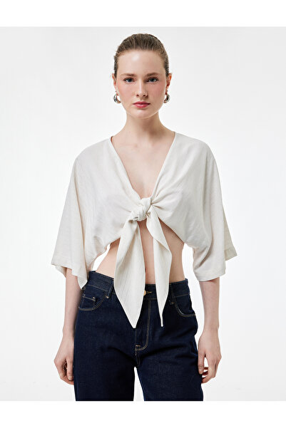 Koton Μπλούζα με λεπτομέρεια με κορδόνια, μισό μανίκι, λινό μεικτό, με λαιμόκ...