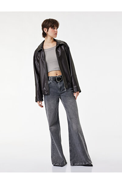 Koton Belt Detailed Washed Slim Fit Flared Jean Trousers - Flare Jeans