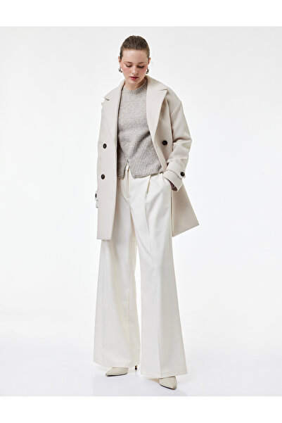 Koton Uzun Kollu Cepli Düğmeli Kemerli Kruvaze Kaşe Kaban