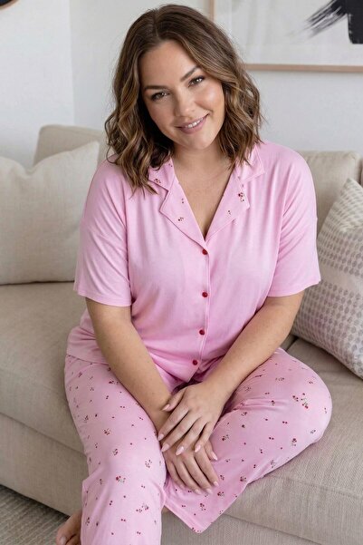 Pijamaevi Powder Pink Flower Patterned Large Size Short Sleeve Front Buttoned...