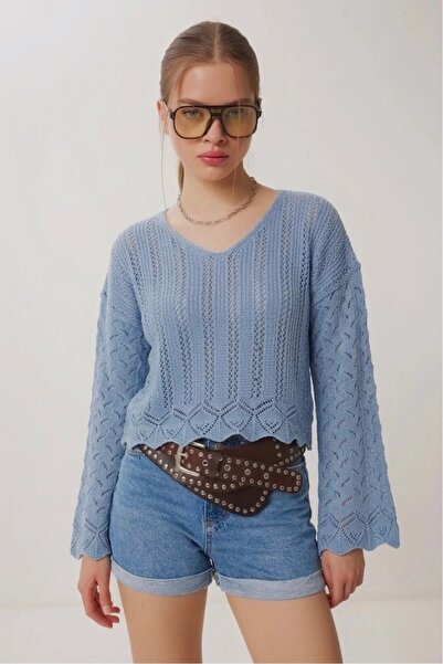 EFSİNA MODA Women's Knitwear Blouse Blue V-Neck Long Sleeve Openwork Lace Det...