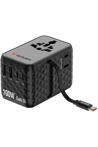 Verbatim Adaptor calatorie GaN,100W,cablu retractabil USB-C PD 3.0 QC4+ pana ...