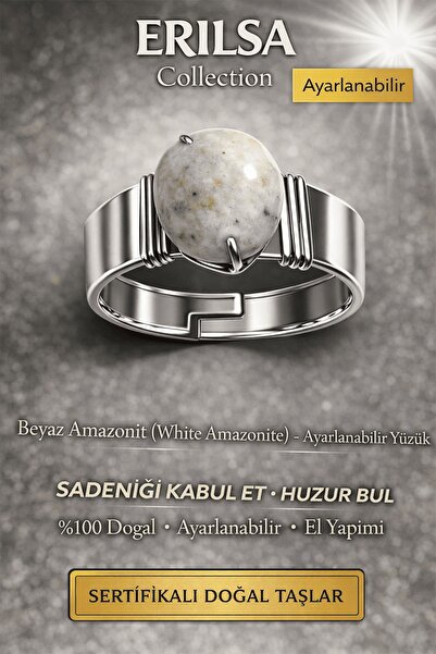 Erilsa Certified White Amazonite Natural Stone Adjustable Ring – Stone of Pea...