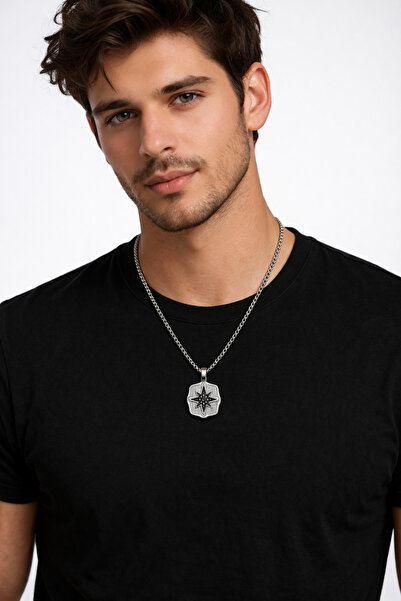 MakeWell Men's Compass Pendant Stainless Steel Non Tarnish Chain Necklace Vin...