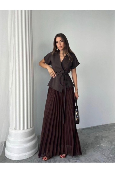 Dilek Vardar Brown Double-Breasted Collar Blouse with Tie Detail and Pleated ...