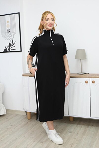 Siyezen Plus Size Modal Fabric Dress with Stripe Detail