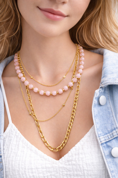 MakeWell Women's 3-Piece Chain Necklace Set Gold Color Pink Beaded Layered Su...