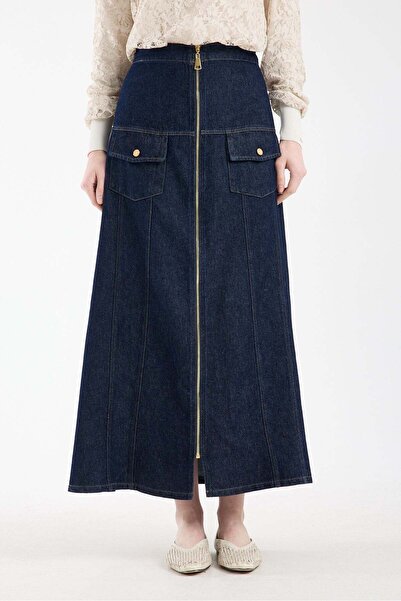 Invee Fusta din denim cu fermoar Cargo, bleumarin