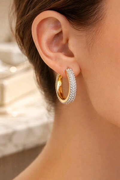 mosmoda Gold Taşlı 3cm Halka Küpe