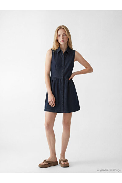 LC Waikiki XSIDEL Μπλε ναυτικό πουκάμισο με γιακά και κορδόνι, μίνι τζιν φόρεμα