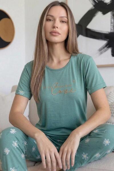 Pijamaevi Γυναικείο σετ πιτζάμες με κοντό μανίκι από μπαμπού με πράσινο μοτίβ...