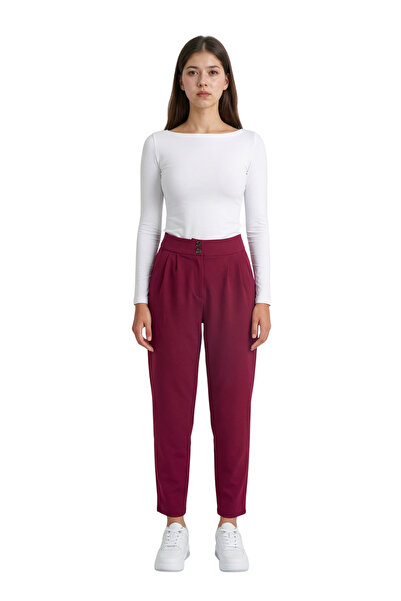 ModaAzen Burgundy High Waist Double Button Pocket Carrot Cut Pleated Women's ...