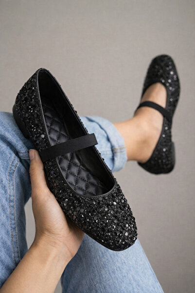 STOCON Μαύρες παγιέτες με γκλίτερ Mary Jane Ballerina Κομψά παπούτσια για το ...