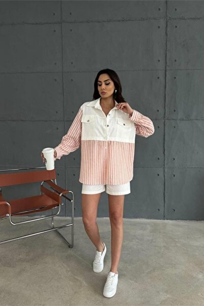 Hiccup Janes Bowl Cut Striped Pocketed Blouse