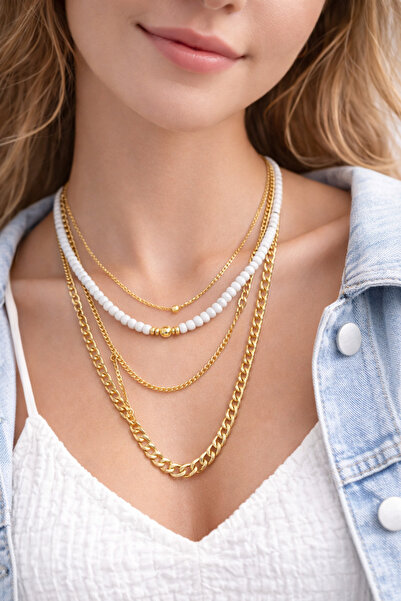 MakeWell Women's 3-Piece Chain Necklace Set Gold Color Pink Beaded Layered Su...