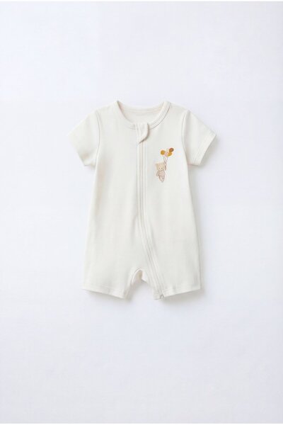 Magu Unisex Baby Cotton Ecru Short Sleeve Short Romper - Snap Closure with Te...