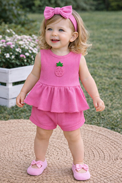 ues Kız Bebek Pembe Ribana Şortlu Takım Ananas Desenli Ve Pembe Babet Çorap Set