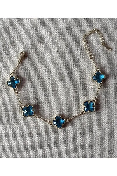 Haziran Accessory, Steel Blue Stone Clover Gold Women's Bracelet