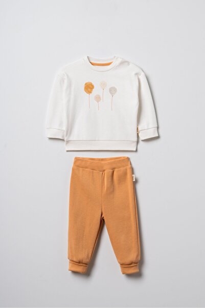 Magu Unisex Baby Cotton Ecru Mustard Sweatshirt Tracksuit Set