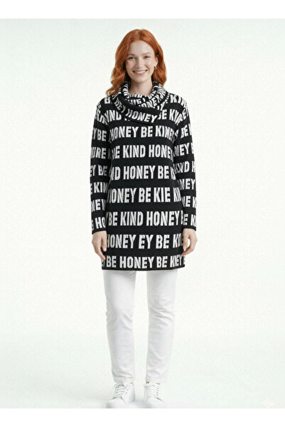 Neden Tekstil Γυναικεία Μαύρο-Λευκή Υπερμεγέθης Πλεκτή Μπλούζα με Σχέδιο Γραφής