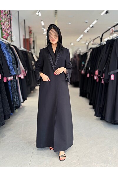 dar laha abaya D961 Abaya - Blazer in Crepe Fabric with Lace Decoration - Black