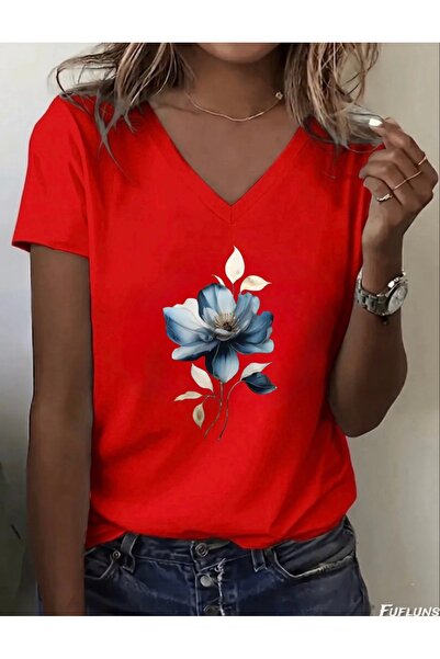 FUFLUNS Leafy Flower Women's Oversize V-Neck T-Shirt