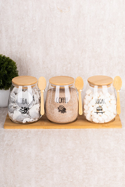 dnshome 3'lü Modern Cam Kavanoz Seti Çay & Şeker & Kahve Yazılı Bambu Stantlı...