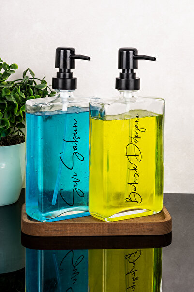 Dolkin Home 2 Pieces 500 ml Glass Soap Dispenser Set with Wooden Stand and La...