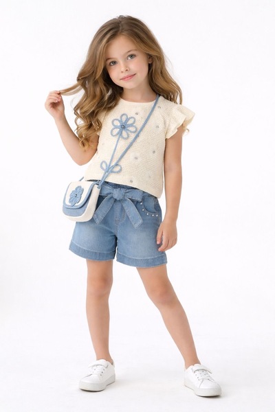 İray Κοριτσίστικο Σετ με Κεντητή Μπλούζα με Λουλούδια και Τζιν Σορτς με Τσάντ...