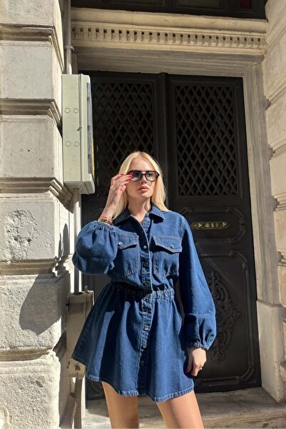 Moda Asrın BELİ LASTİKLİ KOT ELBİSE Mavi