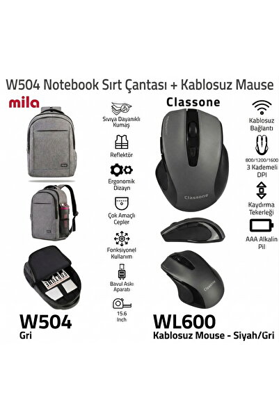 Classone حقيبة ظهر ميلا W504 نونبوك باللون الرمادي + ماوس لاسلكي WL600