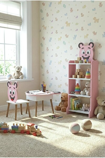 GOLDFALEZ Çocuk Mobilya Seti Happy Face – Masa,Sandalye ve 4 Raflı Kitaplık –...