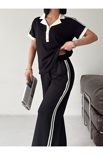 LAVRE طقم بدلة رياضية بياقة بولو مخططة من قماش المودال الناعم ذو الملمس الممي...