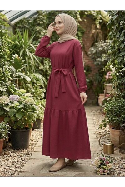 SHİROSA Bürümcük Fabric Belted Hijab Dress