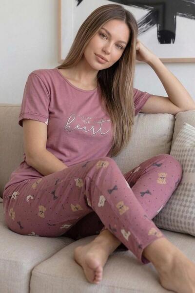 Pijamaevi Powder Heart Patterned Bamboo Short Sleeve Women's Pajama Set